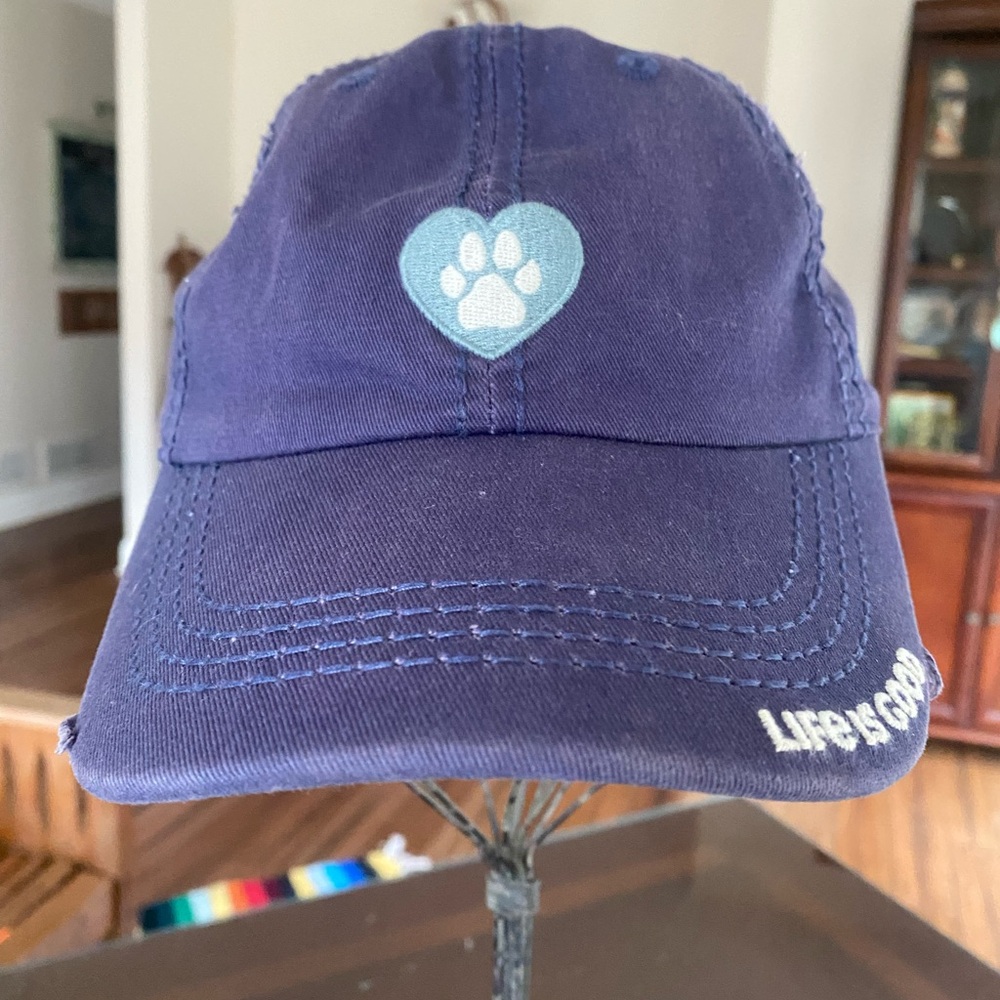 Navy Blue Life Is Good Ball Cap with Heart Paw Design.  Predistressed.